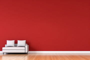 A red wall of a modern living space staged with a single love seat, blank wall and empty hardwood floor nearby, copy space