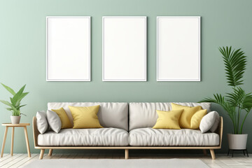 A modern living room with mint accents, three blank mockup frames over a couch, copy space