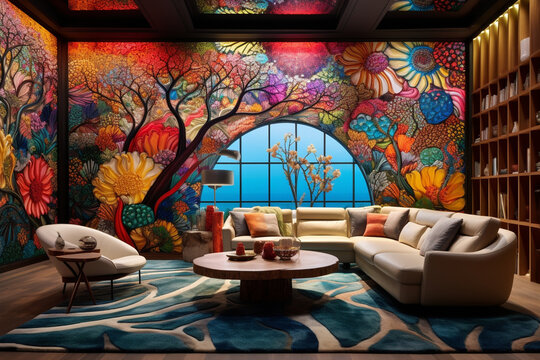 A luxury living room with a 3D intricate colorful wall that has a large, detailed depiction of a vibrant, abstract garden.