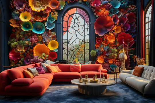 A luxury living room with a 3D intricate colorful wall that has a detailed, colorful representation of an abstract garden.