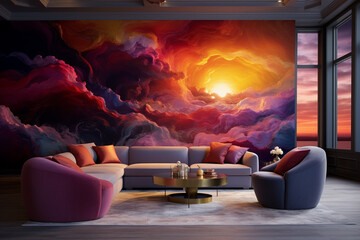 A luxury living room with a 3D intricate colorful wall showcasing an artistic interpretation of a vibrant sunset.