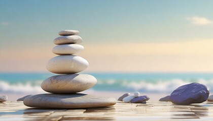 Stack of zen stones, sky and sea. Pile of pebbles for balance and harmony concept. Nature background for spa; poster for natural wellness and yoga center. Symbol of mental health with copy space