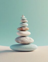 Stack of zen stones. Pile of pebbles; balance and harmony concept. Peaceful nature background for spa; natural wellness and yoga center. Minimalist symbol of mental health with copy space