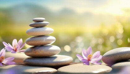 Stack of zen stones and flowers. Pile of pebbles; balance and harmony concept. Peaceful nature background for spa; natural wellness and yoga center. Symbol of mental health with copy space - obrazy, fototapety, plakaty