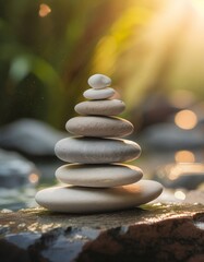 Pile of Zen stones and sunlight on rock. Meditative lifestyle concept. Symbolic balance and inner equilibrium with stress relief. Mental rest and connection with nature. Poster with copy space and sky - obrazy, fototapety, plakaty