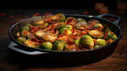 roating pan with roasted garlic, bacon, brussel sprouts 
