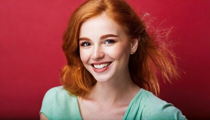 Portrait of beautiful cheerful redhead girl, red background