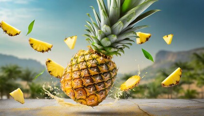 Fresh juicy tropical fruit pineapple flying isolated on white background. - obrazy, fototapety, plakaty