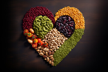Imagem sobre nutrição, saúde e alimentação equilibrada, Coração formado por diversas leguminosas como feijão e ervilhas e outras.