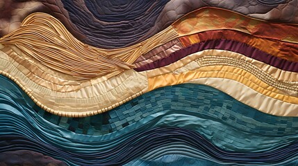 a collage of different colorful textiles with different textures in earth tones, teals, purples, blues, complex winding, undulating pattern with stark contrasts at their interfaces. generative AI