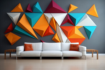 A minimalist living room with a 3D intricate colorful wall depicting a series of interconnected, colorful geometric triangles. - Powered by Adobe