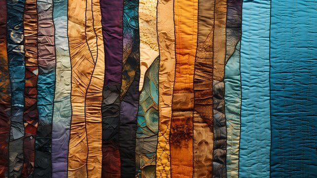 a collage of different colorful textiles with different textures in earth tones, teals, purples, blues, complex winding, undulating pattern with stark contrasts at their interfaces. generative AI - Powered by Adobe