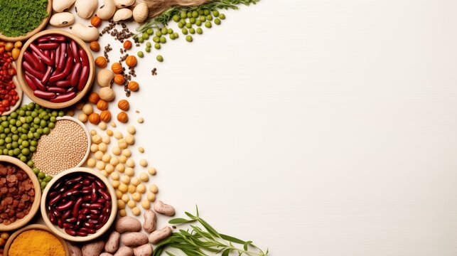 Fundo fotogr&aacute;fico sobre nutri&ccedil;&atilde;o, sa&uacute;de e alimenta&ccedil;&atilde;o equilibrada com uma variedade de leguminosos