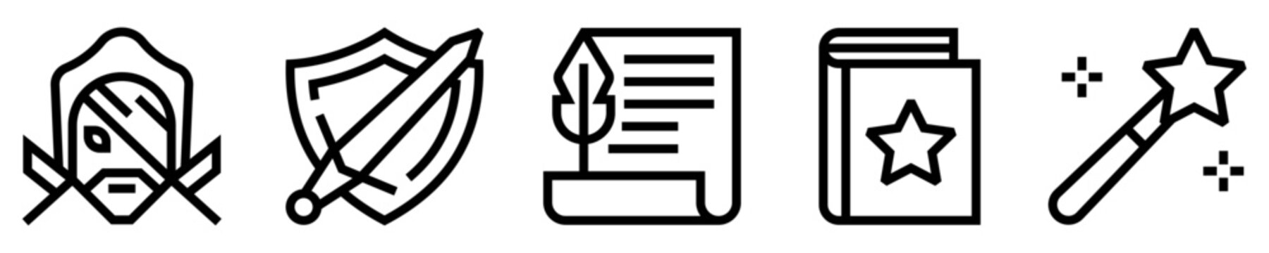 Conjunto de iconos de juego de rol. Mundo ficticio. Personaje de combate, escudo con espada, pergamino, libro de hechizos, varita m&aacute;gica. Ilustraci&oacute;n vectorial