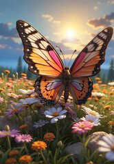 a butterfly flutters over the flowers in the meadow