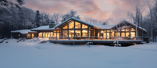 Fototapeta na wymiar Modern exterior of luxury cottage. Private house in Scandinavian style at winter evening .AI Generative