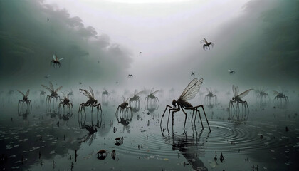 Giant Mosquitoes in Foggy Misty Swamp - obrazy, fototapety, plakaty