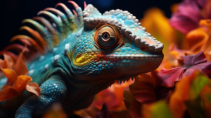 Fototapeta premium Vibrant Multicolored Lizard Peeks Through a Bed of Colorful Flowers Showcasing Intricate Scales 