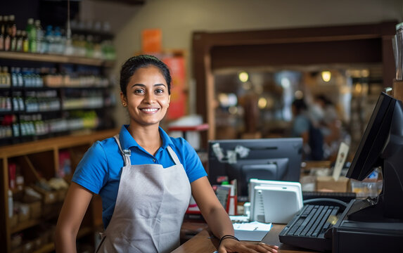 Indian smiling woman working as a cashier in the store
