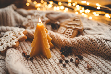Beeswax Christmas tree candle, cozy photo