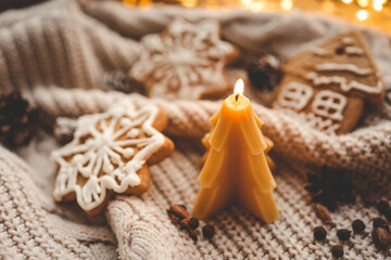 Beeswax Christmas tree candle, cozy photo