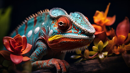 Obraz premium Brightly Colored Chameleon Resting on a Branch Against a Dark Background