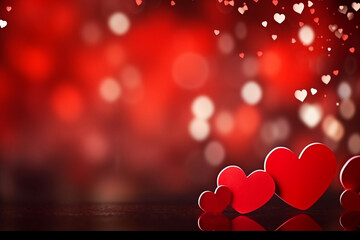 Red shiny background with valentine heart selective focus love.AI Generative