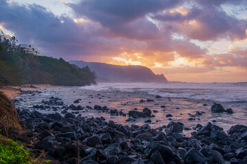 Sunset over the sea in Kauai, Hawaii USA