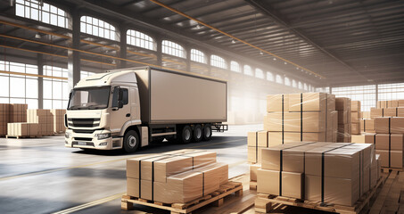 Cargo transport waiting for loading at logistic center	
 - obrazy, fototapety, plakaty