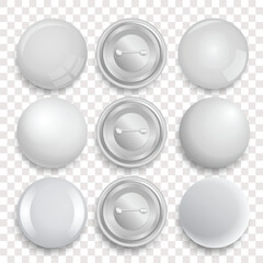 Plastic Realistic white button badge icon set isolated on transparent background. Pin badges mockup set collection, advertise metal 3d circle sign. Souvenir magnet badging mockup, Glass showcase.