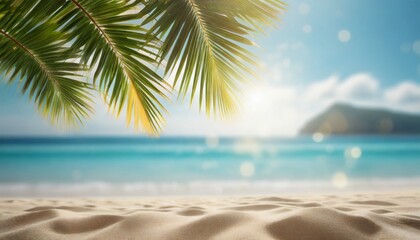 Blur beach with palm leaf abstract background. Summmer vacation concept. 