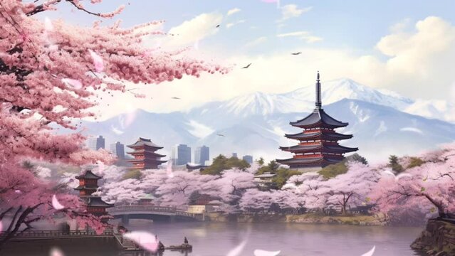 Spring landscape with cherry blossom trees and chureito pagoda in the background. seamless looping time-lapse virtual video animation background. Generated AI