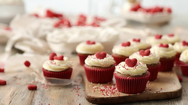 Valentine's red velvet cupcakes with room for text created with Generative AI technology