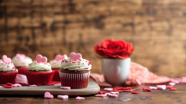 Valentine's red velvet cupcakes with room for text created with Generative AI technology - Powered by Adobe