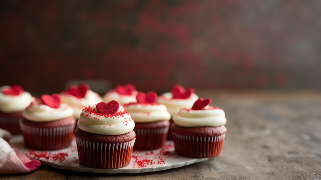 Valentine's red velvet cupcakes with room for text created with Generative AI technology