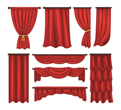 Red curtains Set Collection, Set realistic luxury curtain cornice decor domestic fabric interior drapery textile lambrequin, Luxury Theather red blind curtain stage. Vector illustration