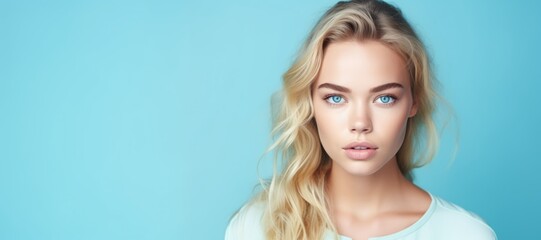 A Close Up Photo Portrait of a Blonde Feminine Woman standing against a Blue Background - Blonde Woman Blue Wallpaper with Empty Copy Space for Text and Ads created with Generative AI Technology