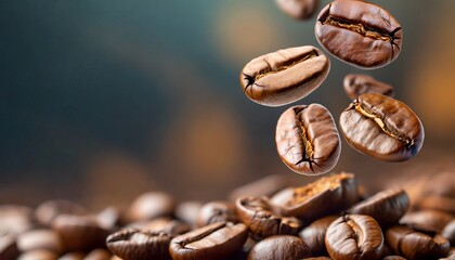 Falling Roasted Coffee Beans, Macro Shot, close-up.	
