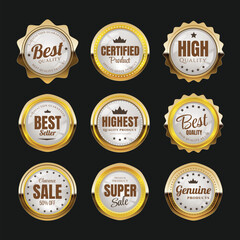 Set of Gold Seal Labels Collection, Golden luxury labels, gold premium quality certificate emblems badges, Luxury VIP and premium quality sticker tags and banners best product seals with golden crown - obrazy, fototapety, plakaty