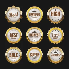 Fotobehang Set of Gold Seal Labels Collection, Golden luxury labels, gold premium quality certificate emblems badges, Luxury VIP and premium quality sticker tags and banners best product seals with golden crown © sisapagi