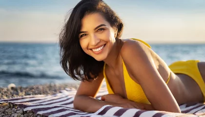  Portrait of smiling modern woman in yellow swimwear on the seacoast lying on a striped towel © adobedesigner