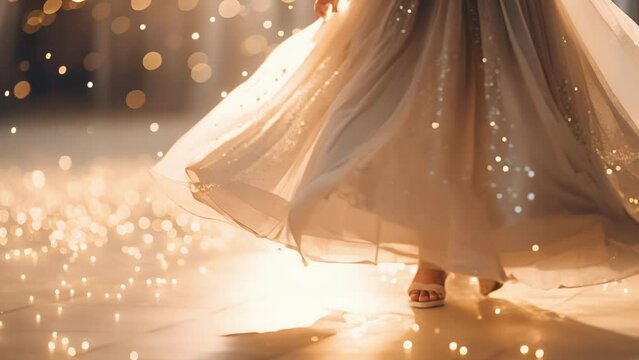 Closeup of a voluminous tulle skirt covered in glittering silver stars, making the wearer appear as if shes stepping into a fairytale.