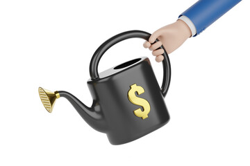 Businessman cartoon hand holding a watering can with dollar symbol isolated on white background. 3d illustration. © jroballo