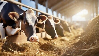 Meat and milk and livestock industry, text space. Cows eating hay in cowshed on dairy farm with sunlight in barn.