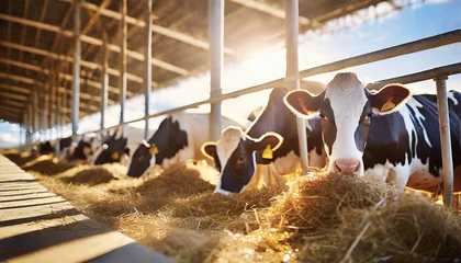 Fotobehang Meat and milk and livestock industry, text space. Cows eating hay in cowshed on dairy farm with sunlight in barn © adobedesigner
