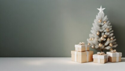 Gift boxes in front of illuminated pine tree. Christmas tree.	

