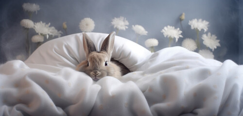 A dreamy bed setting complemented by a cute bunny finding solace in soft blankets