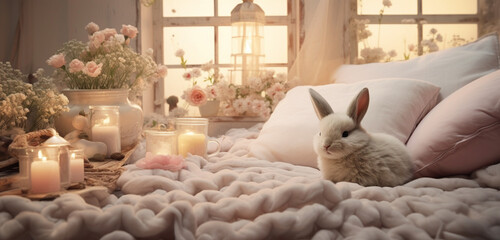 A dreamy bed setting complemented by a cute bunny finding solace in soft blankets