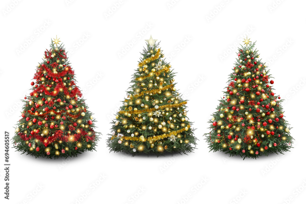 Wall mural christmas trees decorated with ornaments and festive lights isolated on white, set