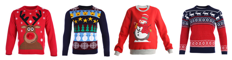 Different Christmas sweaters isolated on white, collection